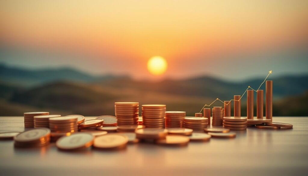 Retirement portfolio diversification: a well-balanced investment landscape captured in a serene, minimalist composition. In the foreground, a collection of financial icons - coins, bars, and charts - arranged in a harmonious pattern, symbolizing the core components of a diversified retirement portfolio. The middle ground features a tranquil, soft-focus backdrop of rolling hills and a setting sun, evoking a sense of long-term stability and growth. Subtle, warm lighting casts a gentle glow, creating a calming, contemplative atmosphere. The image is framed with a clean, uncluttered design, allowing the focus to remain on the core financial elements and the overarching theme of retirement planning.