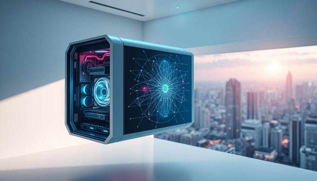 Sleek and futuristic quantum computer hardware levitating in a clean, minimalist white room, its inner workings glowing with multicolored energy fields. In the foreground, a holographic projection displays complex quantum algorithms unfolding in a mesmerizing display of shapes and lines. The background features a panoramic view of a bustling futuristic cityscape, hinting at the real-world applications of these cutting-edge quantum computing technologies. Cool, blue-tinted lighting casts an aura of scientific sophistication, while subtle lens flares and depth-of-field effects add a touch of cinematic flair. Sleek and futuristic quantum computer hardware levitating in a clean, minimalist white room, its inner workings glowing with multicolored energy fields. In the foreground, a holographic projection displays complex quantum algorithms unfolding in a mesmerizing display of shapes and lines. The background features a panoramic view of a bustling futuristic cityscape, hinting at the real-world applications of these cutting-edge quantum computing technologies. Cool, blue-tinted lighting casts an aura of scientific sophistication, while subtle lens flares and depth-of-field effects add a touch of cinematic flair.