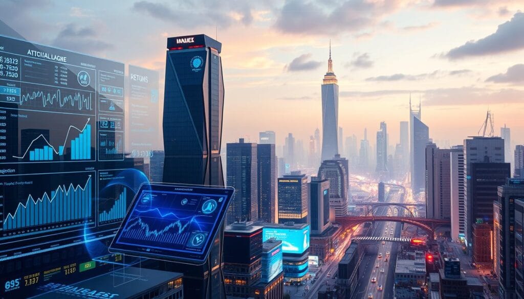 a cinematic, high-resolution image of a futuristic financial technology landscape with a focus on artificial intelligence. In the foreground, sleek holographic displays and intuitive touchscreen interfaces showcase advanced investment algorithms and predictive analytics dashboards. The middle ground features a panoramic view of a bustling financial district, with towering skyscrapers housing state-of-the-art data centers and blockchain infrastructure. The background is illuminated by a vibrant cityscape, with neon-lit towers and autonomous vehicles gliding through the streets. The scene conveys a sense of innovation, efficiency, and the seamless integration of AI into modern financial planning. a cinematic, high-resolution image of a futuristic financial technology landscape with a focus on artificial intelligence. In the foreground, sleek holographic displays and intuitive touchscreen interfaces showcase advanced investment algorithms and predictive analytics dashboards. The middle ground features a panoramic view of a bustling financial district, with towering skyscrapers housing state-of-the-art data centers and blockchain infrastructure. The background is illuminated by a vibrant cityscape, with neon-lit towers and autonomous vehicles gliding through the streets. The scene conveys a sense of innovation, efficiency, and the seamless integration of AI into modern financial planning.