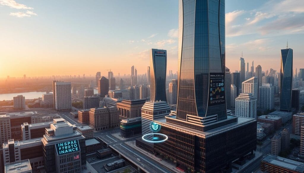 a cityscape of advanced financial solutions in 2025, with a towering skyscraper in the foreground featuring a sleek, modern architecture with clean lines and glass facades. In the middle ground, a bustling financial district with futuristic automated trading platforms, holographic displays, and autonomous vehicles transporting people and goods. In the background, a vibrant skyline with a blend of traditional and innovative architectural styles, bathed in a warm, golden hour lighting that casts long shadows. The scene should convey a sense of technological sophistication, efficiency, and progress in the financial industry. a cityscape of advanced financial solutions in 2025, with a towering skyscraper in the foreground featuring a sleek, modern architecture with clean lines and glass facades. In the middle ground, a bustling financial district with futuristic automated trading platforms, holographic displays, and autonomous vehicles transporting people and goods. In the background, a vibrant skyline with a blend of traditional and innovative architectural styles, bathed in a warm, golden hour lighting that casts long shadows. The scene should convey a sense of technological sophistication, efficiency, and progress in the financial industry.