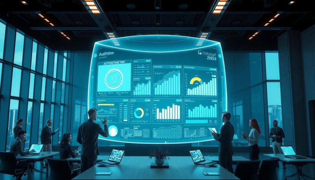 a detailed cinematic 4k digital illustration of automation in financial management, depicting a futuristic office scene with a large interactive holographic display showing cash flow analysis and financial reporting dashboards, surrounded by a team of professionals in business attire using touchscreen interfaces and voice commands to interact with the system, with a minimalist and high-tech aesthetic, dramatic lighting from floor-to-ceiling windows, and a focus on the interplay between human expertise and AI-powered analytical tools. a detailed cinematic 4k digital illustration of automation in financial management, depicting a futuristic office scene with a large interactive holographic display showing cash flow analysis and financial reporting dashboards, surrounded by a team of professionals in business attire using touchscreen interfaces and voice commands to interact with the system, with a minimalist and high-tech aesthetic, dramatic lighting from floor-to-ceiling windows, and a focus on the interplay between human expertise and AI-powered analytical tools.