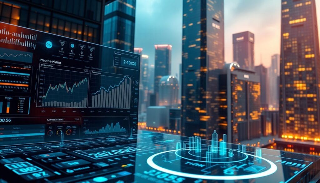 a detailed, futuristic scene of AI-powered financial management trends, showcasing advanced analytics, automated decision-making, and predictive insights. The foreground depicts a sleek, holographic dashboard with real-time data visualizations, interactive graphs, and intuitive control panels. In the middle ground, intelligent software agents process vast amounts of financial data, using machine learning algorithms to identify patterns and generate optimized strategies. The background features a cityscape of skyscrapers, with glowing windows and seamlessly integrated technology, conveying a sense of a highly advanced, AI-driven financial landscape in the year 2025. The scene is bathed in a warm, futuristic glow, with subtle highlights and shadows that accentuate the high-tech atmosphere. The overall mood is one of innovation, efficiency, and the transformative power of AI in financial management.