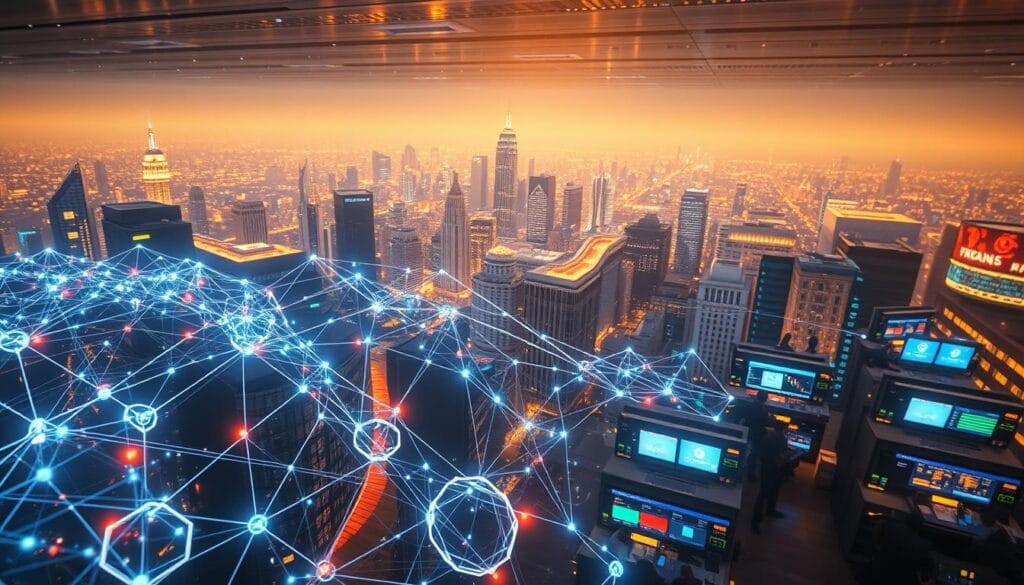 a detailed global financial market scene with a focus on decentralized finance and blockchain technology. in the foreground, a three-dimensional visualization of a blockchain network with nodes, transactions, and data flows. in the middle ground, a bustling stock exchange floor with traders and financial analysts using holographic displays and interfaces. in the background, a panoramic view of major cities and financial centers around the world, connected by a web of glowing data lines. the scene is illuminated by a warm, ethereal light, conveying a sense of technological innovation and economic interconnectivity. the overall mood is one of dynamism, progress, and the integration of traditional finance with emerging decentralized systems. a detailed global financial market scene with a focus on decentralized finance and blockchain technology. in the foreground, a three-dimensional visualization of a blockchain network with nodes, transactions, and data flows. in the middle ground, a bustling stock exchange floor with traders and financial analysts using holographic displays and interfaces. in the background, a panoramic view of major cities and financial centers around the world, connected by a web of glowing data lines. the scene is illuminated by a warm, ethereal light, conveying a sense of technological innovation and economic interconnectivity. the overall mood is one of dynamism, progress, and the integration of traditional finance with emerging decentralized systems.