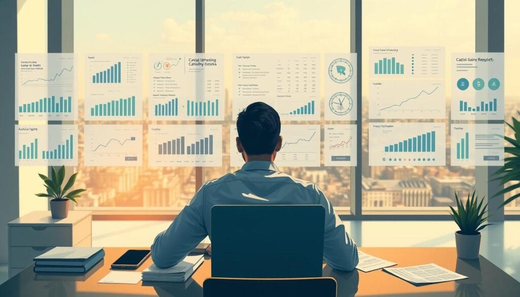 a detailed, highly realistic digital illustration depicting the capital gains reporting process for a cryptocurrency investor. The foreground shows a person sitting at a desk, carefully reviewing financial documents and using a laptop to access online tax reporting tools. The middle ground features various financial charts, graphs, and data visualizations related to capital gains and losses. The background showcases a modern, minimalist office environment with large windows overlooking a cityscape. The lighting is warm and natural, creating a calm and focused atmosphere. The overall scene conveys the complexity and importance of properly reporting cryptocurrency capital gains.