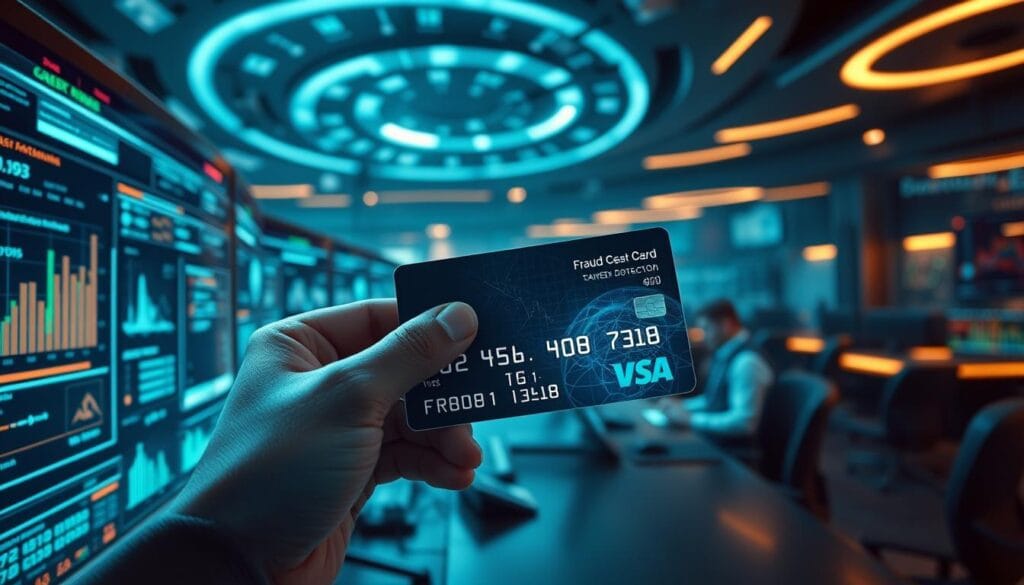 a detailed, hyper-realistic scene of real-time credit card fraud detection, with a dynamic, high-tech user interface displayed on a series of futuristic computer screens. the foreground features a hand holding a credit card and a digital overlay showing transaction data and fraud analysis in real-time. the middle ground showcases a team of data analysts and security experts intently monitoring the fraud detection software, while the background depicts a vast, data-driven command center with glowing holographic displays and pulsing data visualizations. the scene is bathed in a cool, bluish-green lighting, creating a sense of technological sophistication and security. the overall mood conveys a balance of sophistication, urgency, and vigilance in protecting against financial crimes.
