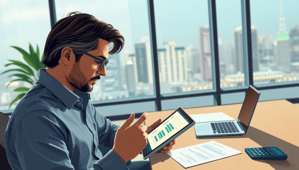 a detailed illustration of financial planning strategies in a modern office environment. In the foreground, a person is using a tablet to access a real-time budgeting app, their face illuminated by the device's screen. In the middle ground, a desk with a laptop, documents, and a calculator, symbolizing the analytical aspects of financial planning. The background features large windows overlooking a cityscape, evoking a sense of progress and opportunity. The lighting is soft and natural, creating a calm and focused atmosphere. The camera angle is slightly elevated, giving a birds-eye view of the scene, conveying a sense of oversight and control over one's financial future. a detailed illustration of financial planning strategies in a modern office environment. In the foreground, a person is using a tablet to access a real-time budgeting app, their face illuminated by the device's screen. In the middle ground, a desk with a laptop, documents, and a calculator, symbolizing the analytical aspects of financial planning. The background features large windows overlooking a cityscape, evoking a sense of progress and opportunity. The lighting is soft and natural, creating a calm and focused atmosphere. The camera angle is slightly elevated, giving a birds-eye view of the scene, conveying a sense of oversight and control over one's financial future.