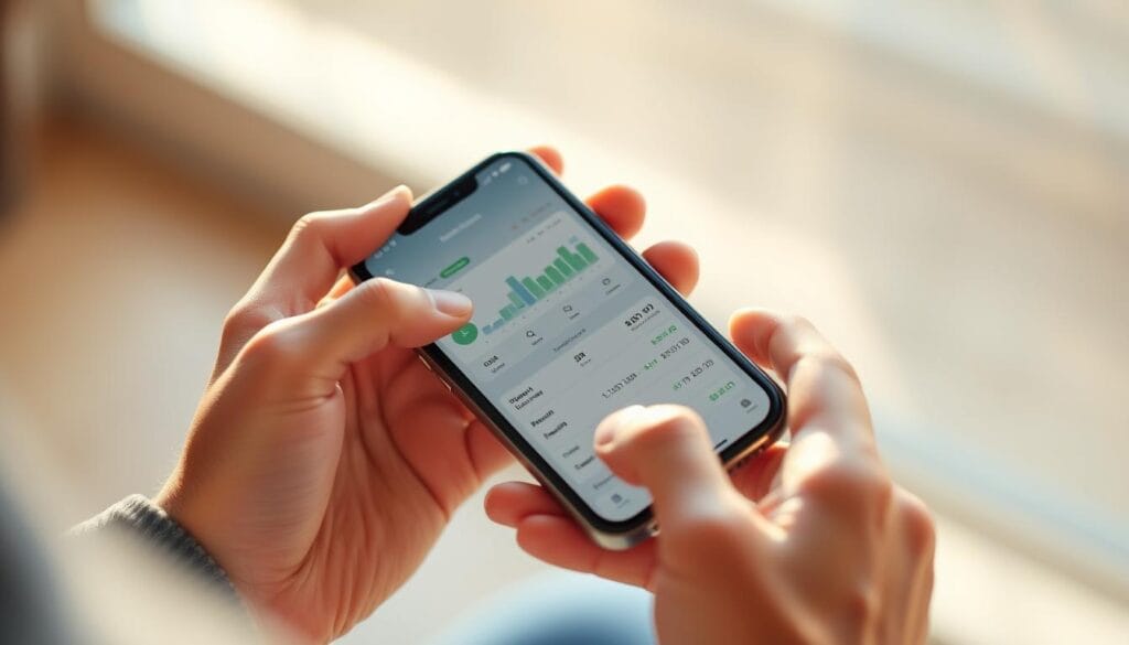 a detailed photorealistic image of a mobile phone screen showing a mobile banking app interface, with a clean minimalist design and intuitive user experience. The screen displays real-time budget tracking information, interactive graphs, and seamless integration with financial accounts. The phone is held in the hands of a person, with the screen slightly tilted towards the viewer. Soft natural lighting illuminates the scene, creating a warm and inviting atmosphere. The background is blurred, placing the focus on the mobile device and the user's interaction with the banking app. a detailed photorealistic image of a mobile phone screen showing a mobile banking app interface, with a clean minimalist design and intuitive user experience. The screen displays real-time budget tracking information, interactive graphs, and seamless integration with financial accounts. The phone is held in the hands of a person, with the screen slightly tilted towards the viewer. Soft natural lighting illuminates the scene, creating a warm and inviting atmosphere. The background is blurred, placing the focus on the mobile device and the user's interaction with the banking app.