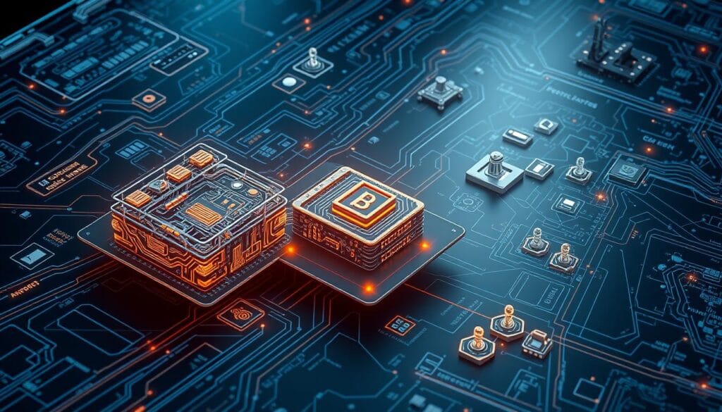a detailed technical blueprint of a blockchain security architecture, featuring a central blockchain node and surrounding security layers. The foreground shows the node, with a complex network of interconnected cryptographic algorithms and protocols. The middle ground depicts a layered security system, including firewalls, intrusion detection, and access control mechanisms. The background showcases the broader blockchain ecosystem, with nodes, miners, and users, all connected through secure communication channels. The lighting is sharp and technical, with a clean, futuristic aesthetic. The angle provides a birds-eye view, emphasizing the comprehensive and interconnected nature of the blockchain security design.