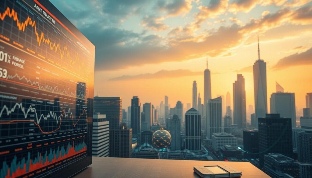 A bustling digital marketplace with dynamic market trends and asset allocation strategies. In the foreground, a data visualization dashboard showcases real-time analytics and forecasting models. The middle ground features AI-powered trading algorithms and investment portfolios. In the background, a cityscape of skyscrapers and financial towers, illuminated by a warm, golden glow. The overall scene conveys a sense of technological innovation, data-driven decision-making, and the evolving landscape of modern asset management. A bustling digital marketplace with dynamic market trends and asset allocation strategies. In the foreground, a data visualization dashboard showcases real-time analytics and forecasting models. The middle ground features AI-powered trading algorithms and investment portfolios. In the background, a cityscape of skyscrapers and financial towers, illuminated by a warm, golden glow. The overall scene conveys a sense of technological innovation, data-driven decision-making, and the evolving landscape of modern asset management.