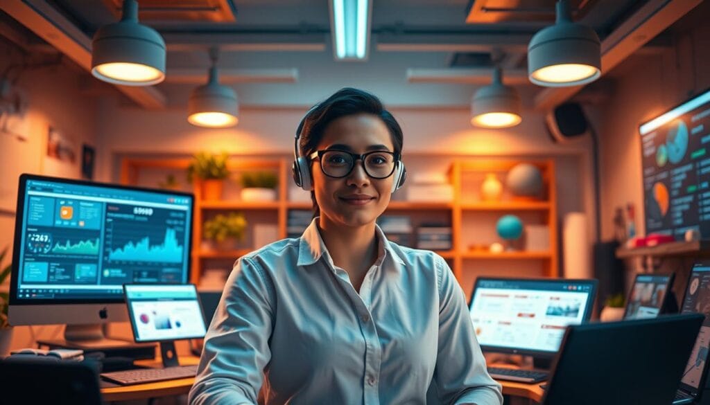 A bustling digital workspace with a personalized AI assistant at the center, surrounded by customizable affiliate marketing dashboards, real-time performance analytics, and targeted product recommendations. The scene is bathed in a warm, inviting glow from strategically placed lighting, creating an atmosphere of productivity and efficiency. The camera angle captures the workspace from a slightly elevated perspective, showcasing the interconnected nature of the AI-powered affiliate marketing ecosystem. Subtle details, such as adaptive user interfaces and dynamic data visualizations, reinforce the idea of a tailored, AI-driven approach to building passive income streams.