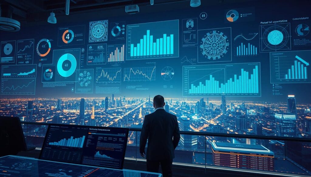 A bustling ecosystem of AI-powered data visualization and analysis, with dynamic charts, graphs, and infographics floating in a futuristic, low-light environment. In the foreground, a sleek, minimalist dashboard showcases real-time insights and portfolio performance metrics. In the middle ground, a team of analysts pore over holographic displays, their movements mirrored by glowing data streams. The background features a panoramic view of a city skyline, illuminated by the soft glow of emerging technologies. The scene conveys a sense of technological empowerment, data-driven decision making, and the transformative impact of AI on the world of impact investing.