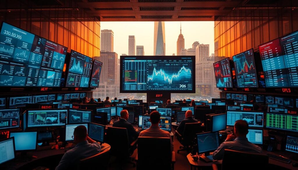 A bustling trading floor filled with rows of monitors, charts, and financial data streams. In the foreground, a team of analysts intently focused on real-time market insights, their faces illuminated by the glow of their screens. In the middle ground, a commanding central dashboard displays a live feed of global market activity, pulsing with the rhythmic flow of transactions. The background is a mosaic of high-rise buildings, their glass facades reflecting the city skyline, conveying a sense of the interconnected, fast-paced world of modern finance. The scene is bathed in warm, cinematic lighting, creating a sense of urgency and dynamism, capturing the essence of embracing real-time AI solutions in financial operations.