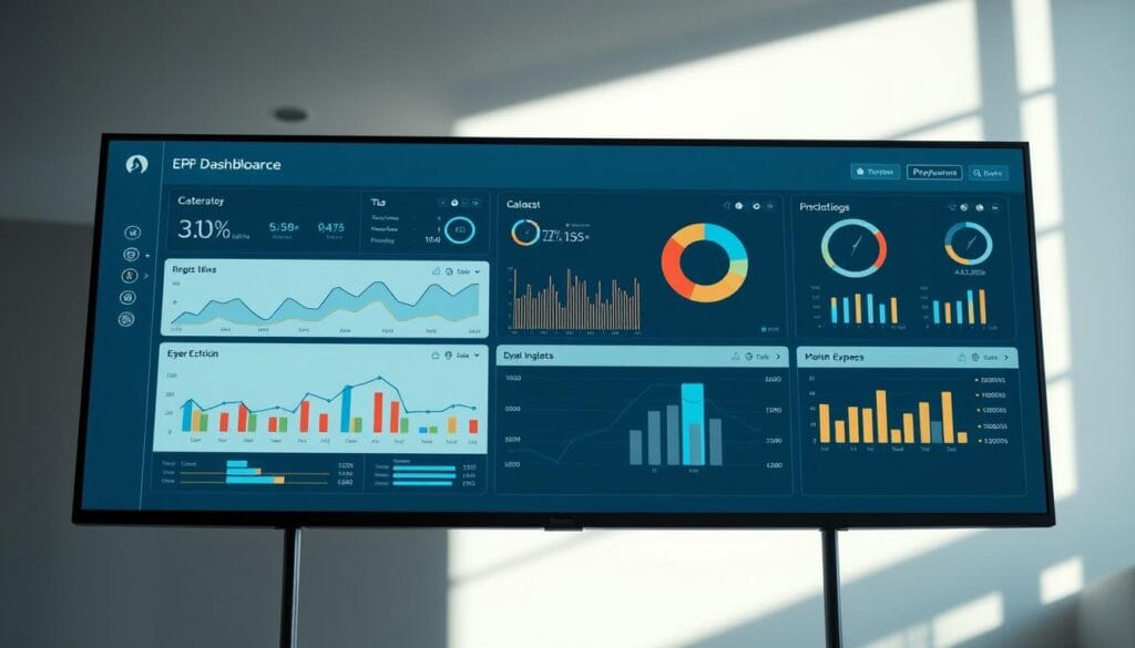 A clean, modern ERP dashboard displayed on a large, high-resolution monitor. The dashboard features various data visualizations, including line graphs, pie charts, and KPI indicators, all neatly arranged in a grid layout. The visualizations showcase financial metrics, inventory levels, and other relevant business data. The dashboard is illuminated by soft, natural lighting, creating a calm and professional atmosphere. The overall design is sleek and minimalist, with a focus on clarity and ease of use. The dashboard is presented in a way that suggests it is integrated seamlessly with the company's existing financial systems, providing AI-powered insights to help prioritize expenses. A clean, modern ERP dashboard displayed on a large, high-resolution monitor. The dashboard features various data visualizations, including line graphs, pie charts, and KPI indicators, all neatly arranged in a grid layout. The visualizations showcase financial metrics, inventory levels, and other relevant business data. The dashboard is illuminated by soft, natural lighting, creating a calm and professional atmosphere. The overall design is sleek and minimalist, with a focus on clarity and ease of use. The dashboard is presented in a way that suggests it is integrated seamlessly with the company's existing financial systems, providing AI-powered insights to help prioritize expenses.