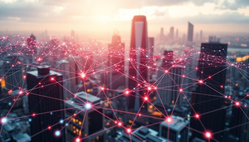 A complex network of interconnected nodes and edges, representing the intricate web of data-driven investment strategies. The foreground depicts a vibrant, holographic data visualization, with pulsing streams of information converging and diverging, showcasing the dynamic nature of the investment landscape. The middle ground features sleek, minimalist UI elements, providing intuitive access to analytical tools and portfolio management insights. In the background, a futuristic cityscape of towering skyscrapers and gleaming infrastructure, symbolizing the scale and impact of these data-driven investment decisions. Soft, directional lighting casts a warm, authoritative glow, while the camera angle emphasizes the grandeur and significance of this data-driven investment network mapping.