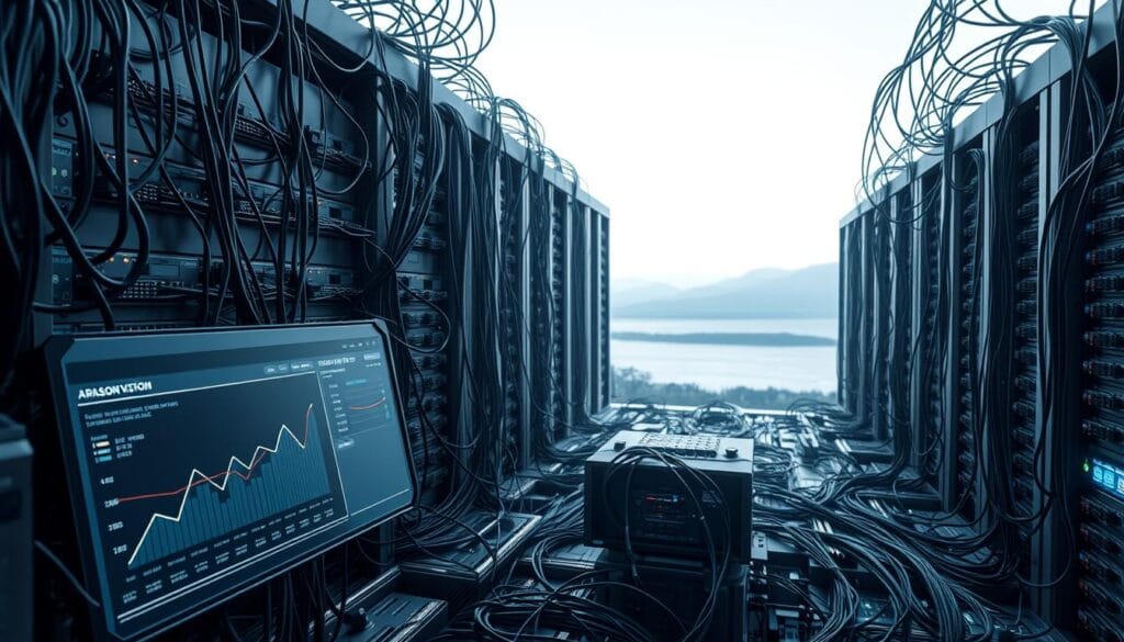 A complex network of intertwined circuits and cables, an intricate tapestry of legacy systems seamlessly integrated with cutting-edge artificial intelligence. In the foreground, a sleek, futuristic dashboard displays real-time data analysis, while in the middle ground, servers hum with the rhythm of data processing. The background fades into a serene, minimalist landscape, conveying a sense of balance and harmony between the old and the new. Soft, directional lighting casts subtle shadows, highlighting the precision and elegance of this technological convergence. The overall atmosphere is one of efficiency, innovation, and the steady march of progress.