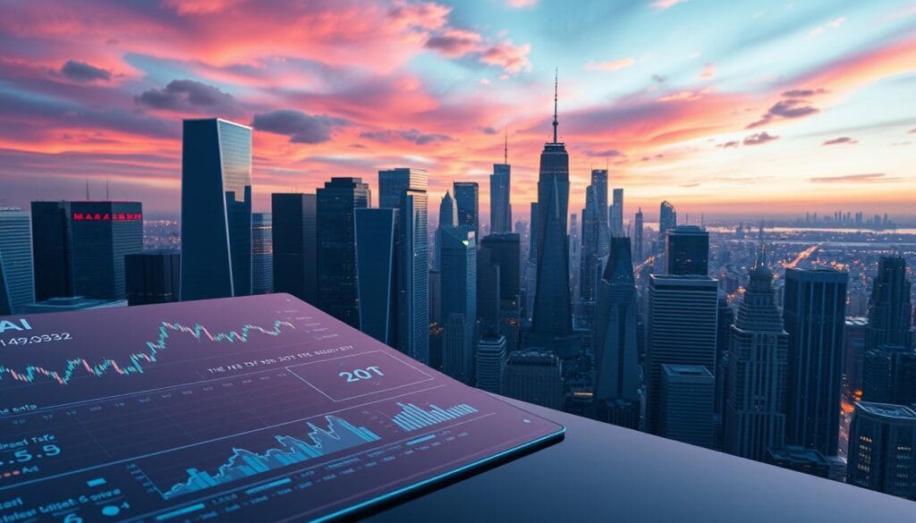 A crisp, futuristic image of a skyline filled with charts, graphs, and digital displays representing AI stocks and ETFs. The foreground features a sleek, minimalist interface with a variety of financial data and market indicators, while the middle ground showcases a dynamic, ever-changing cityscape of skyscrapers and tech hubs. In the background, a vibrant, neon-tinged sky with hints of augmented reality, conveying the cutting-edge and innovative nature of the AI investment landscape. The lighting is sharp, almost clinical, with a sense of precision and control, reflecting the data-driven, analytical nature of the subject matter. The overall mood is one of technological sophistication, financial opportunity, and the boundless potential of artificial intelligence.