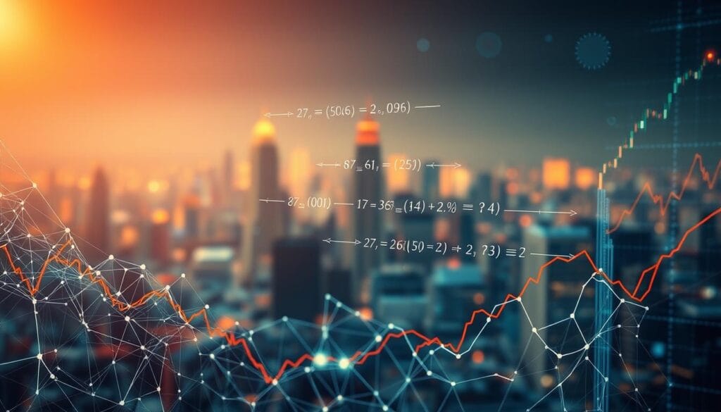 A data-driven landscape of machine learning algorithms and financial models, bathed in a warm, focused light. In the foreground, a complex neural network visualizes stock trends and market data. In the middle ground, a series of equations and statistical analyses float, weaving together insights. The background is a blurred cityscape, hinting at the real-world financial world these systems are designed to navigate. The overall mood is one of analytical precision and technological sophistication, conveying the power of AI to guide strategic financial planning and decision-making.