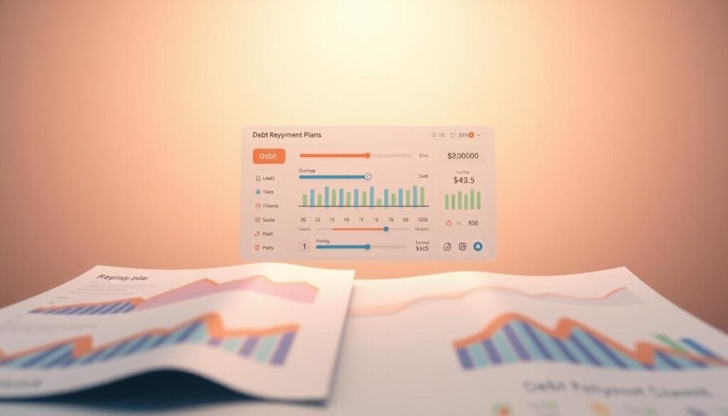 A detailed illustration of personalized debt repayment plans, depicted against a clean, minimalist background. In the foreground, a series of customized financial graphs and charts, color-coded to represent different debt types and repayment timelines. The middle ground features a sleek, futuristic user interface with interactive sliders and buttons, allowing the viewer to adjust variables and visualize the impact on their unique financial situation. The background is bathed in warm, diffused lighting, creating a sense of clarity and focus on the central financial planning elements. The overall mood conveys a balanced, tech-savvy approach to responsible debt consolidation and management.