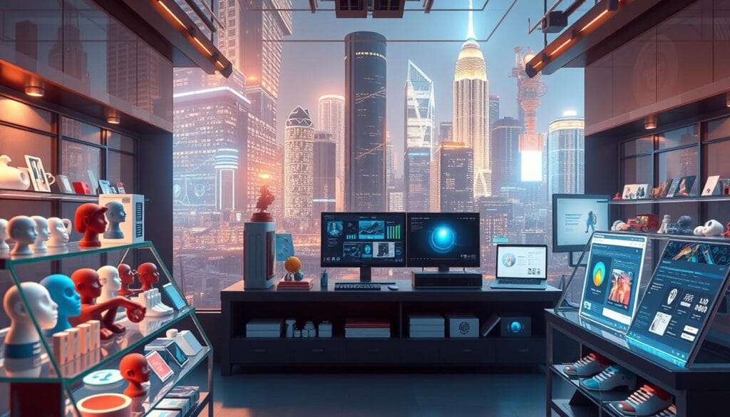 A digital marketplace displaying a variety of AI-generated digital products. In the foreground, 3D rendered icons, avatars, and digital art pieces are showcased on virtual product shelves. The middle ground features sleek, minimalist interface designs for mobile apps, websites, and software tools. In the background, a futuristic cityscape with glowing skyscrapers and holograms creates an immersive, high-tech atmosphere. Soft, warm lighting illuminates the scene, conveying a sense of innovation, creativity, and the boundless potential of AI-powered digital creation. The overall composition evokes a vision of a thriving ecosystem for AI-generated digital goods and services.