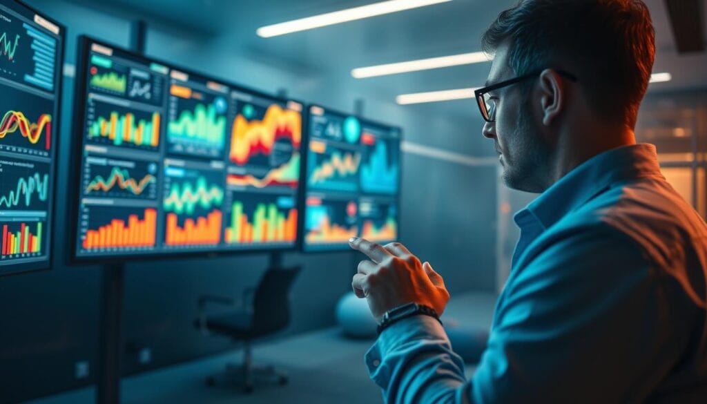 A dynamic, real-time data visualization dashboard illuminates a sleek, minimalist office space. Vibrant charts and graphs flicker across multiple screens, fed by a complex network of data streams. In the foreground, a data analyst scrutinizes the metrics, fingers dancing across a state-of-the-art touchscreen interface. Soft, directional lighting casts an aura of precision and focus, while the background fades into a hazy, tech-infused atmosphere. The scene conveys the power of AI-driven predictive analytics, blending cutting-edge technology with human expertise to unlock valuable business insights.
