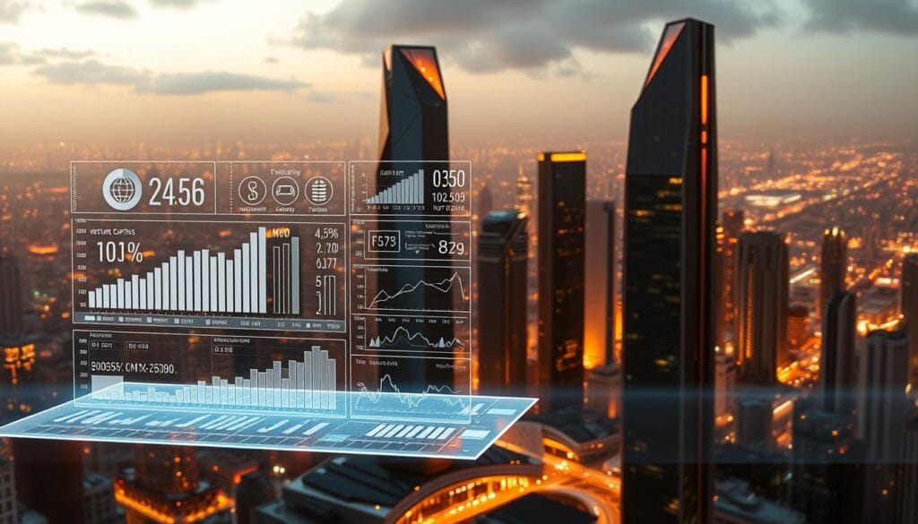 A futuristic cityscape bathed in a warm, golden glow, with a dynamic data visualization taking center stage. In the foreground, a sleek, holographic display showcases a variety of financial metrics and investment trends, presented in a clean, minimalist style. In the middle ground, towering skyscrapers with angular, tech-inspired architecture stand tall, symbolizing the new age of venture capital. The background is a panoramic view of the city, with glowing lights and a sense of movement, conveying the ever-evolving nature of the investment landscape. The overall atmosphere is one of innovation, progress, and data-driven decision making.