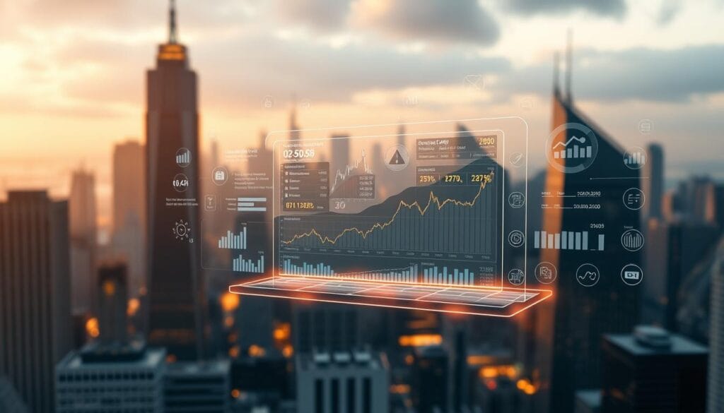 A futuristic cityscape with towering skyscrapers and glowing holographic displays, illuminated by a warm, diffused light. In the foreground, a sleek, transparent interface hovers, showcasing a personalized investment portfolio with dynamic graphs and charts. Floating data visualizations and customizable financial tools surround the interface, reflecting the advanced, AI-powered nature of the personalized investment strategies. The background is a blurred, ethereal environment, suggesting the seamless integration of technology and finance. The overall tone is one of sophistication, innovation, and the empowerment of the individual investor.