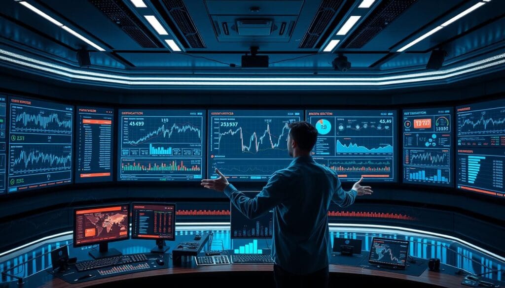 A futuristic control room with holographic interfaces and real-time transaction monitoring dashboards. The foreground features an array of high-resolution screens displaying live financial data, transaction flows, and anomaly detection alerts. In the middle ground, an operator reviews the data, using gesture-based controls to navigate through the visualizations. The background is a sleek, minimalist environment with dynamic lighting and subtle hints of AI-powered surveillance systems. The overall mood is one of technological sophistication, data-driven decision making, and a heightened sense of security in the financial sector.