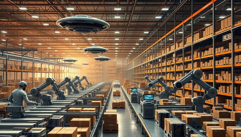 A futuristic e-commerce warehouse, bustling with activity. In the foreground, rows of automated robotic arms efficiently sort and package products. Overhead, a network of conveyor belts and hovercraft transport goods with precision. The middle ground features a control center, where AI-powered dashboards analyze real-time data, optimizing inventory and logistics. In the background, towering shelves stretch into the distance, their contents constantly updated by autonomous inventory management systems. Warm, diffused lighting casts a serene glow, while a sense of seamless integration and optimization permeates the scene, illustrating the power of AI-driven e-commerce automation.