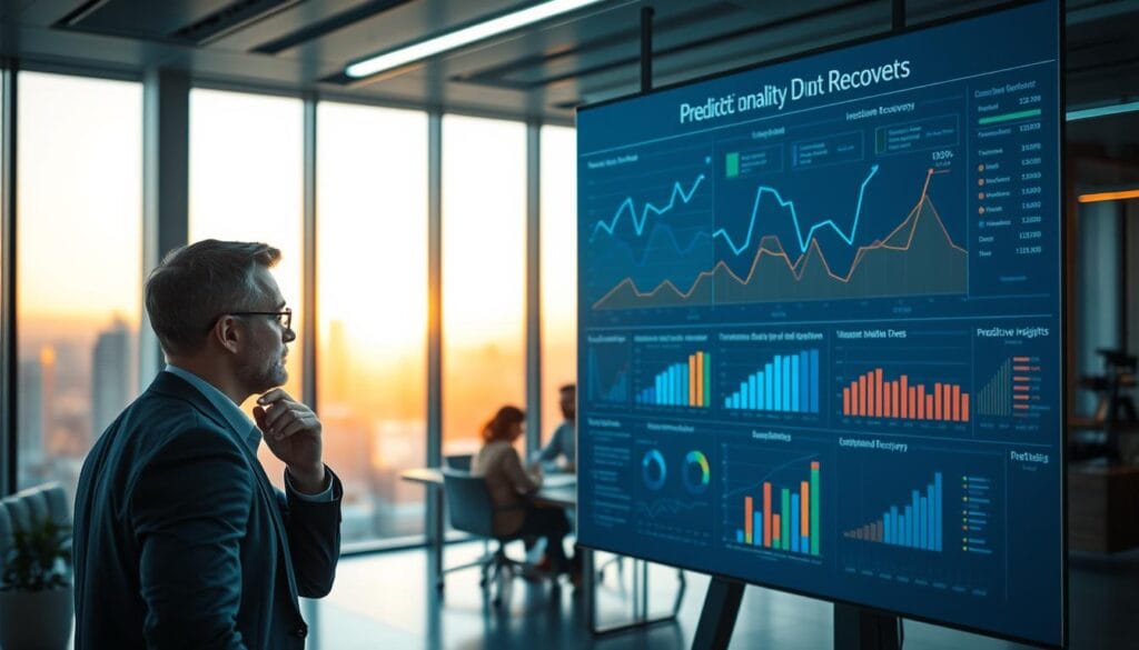 A futuristic office setting with a large data visualization display showcasing predictive analytics insights for debt recovery. In the foreground, a businessperson reviews the analytics, deep in thought. The middle ground features a team collaborating around a conference table, discussing strategy. The background has windows overlooking a cityscape, with a warm, golden hue from the setting sun. Subtle lighting highlights the focus on the data, creating a sense of analytical precision. The scene conveys a sense of innovation, efficiency, and a data-driven approach to debt consolidation and recovery.
