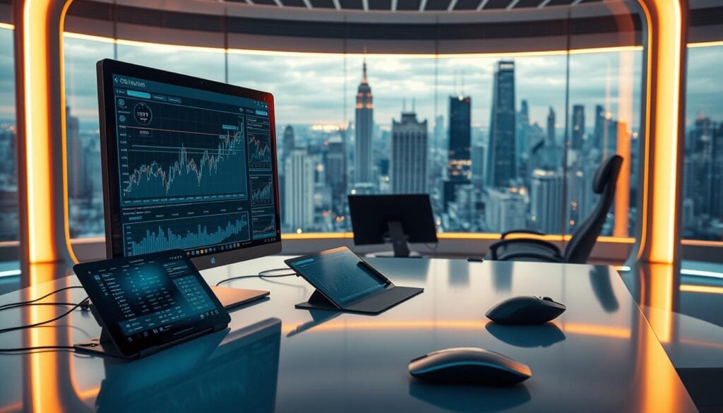 A high-tech financial analytics workspace, bathed in a warm, ambient glow. In the foreground, a sleek desktop computer displays intricate financial data visualizations, the screen reflecting off the glossy surface. Surrounding it, an array of cutting-edge peripherals - a tablet, a stylus, and a state-of-the-art mouse. In the middle ground, a futuristic desk with clean lines and a minimalist design, complemented by a comfortable ergonomic chair. The background reveals a panoramic view of a bustling financial district, skyscrapers reaching towards the sky, creating a sense of sophistication and technological advancement. Subtle, intelligent lighting enhances the mood, conveying the power and precision of AI-driven financial analysis.
