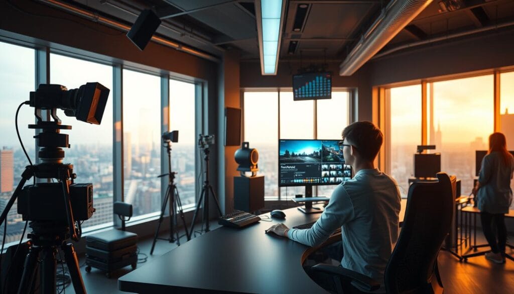 A high-tech video editing studio with a sleek, modern aesthetic. In the foreground, a young content creator sits at a curved desk, intently focused on a dual-monitor setup as they manipulate video clips and adjust AI-powered effects. The middle ground features an array of cutting-edge equipment, including a professional-grade camera, lighting rigs, and a mixing console, all bathed in a warm, diffused glow. The background showcases floor-to-ceiling windows overlooking a vibrant cityscape, conveying a sense of creativity and innovation. The overall atmosphere is one of productivity, technological sophistication, and the seamless integration of human and artificial intelligence in the creative process.