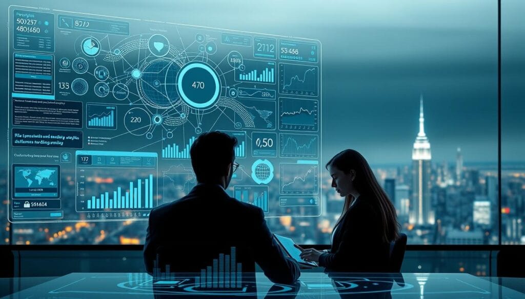 A meticulously rendered visualization of predictive analytics in finance, set against a sleek, minimalist backdrop. In the foreground, a holographic dashboard displays a complex web of interconnected data streams, animated charts, and predictive models. The middle ground features an ensemble of financial analysts studying the data, their expressions focused and pensive. In the background, a panoramic city skyline glimmers under a soft, diffused light, hinting at the far-reaching implications of these AI-powered insights. The overall atmosphere is one of technological prowess, data-driven decision-making, and the transformative potential of predictive analytics in the world of finance.