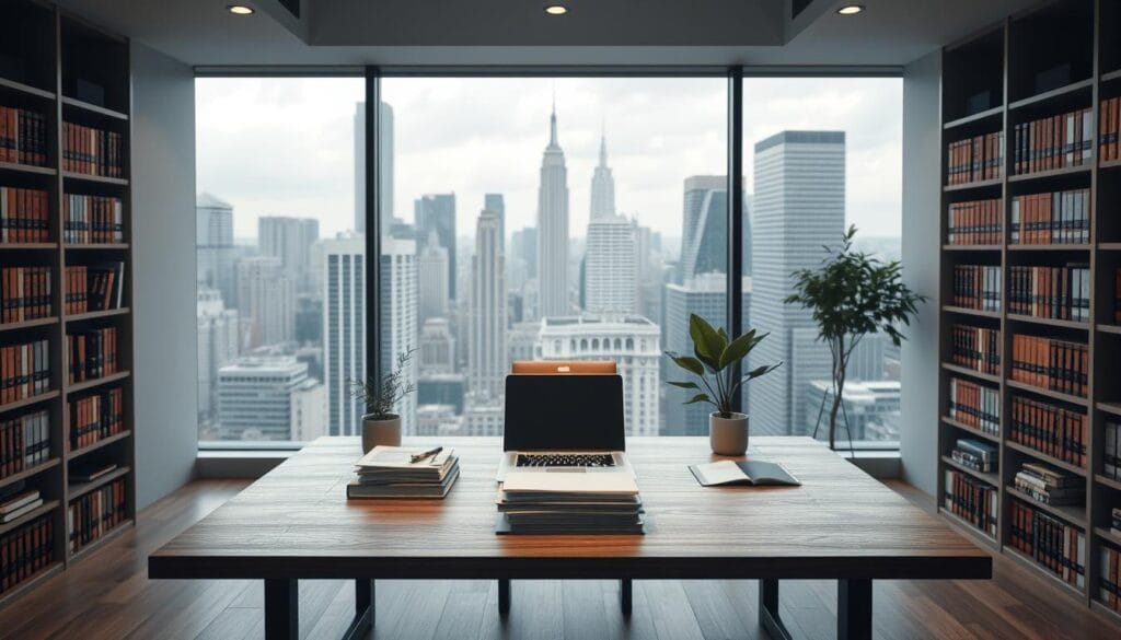A minimalist office interior with a large window overlooking a bustling city skyline. In the center of the room, a sleek wooden desk is adorned with a laptop, a neatly organized stack of documents, and a potted plant. The walls are lined with bookshelves filled with legal tomes and compliance manuals. Soft, diffused lighting creates a serene, professional atmosphere. A sense of order and attention to detail permeates the scene, reflecting the meticulous nature of regulatory compliance standards. The overall composition conveys a balance of technology, legislation, and a commitment to ethical practices.