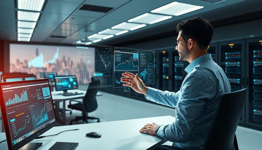 A modern data center with sleek, minimalist workstations and holographic displays showcasing financial data analytics dashboards. In the foreground, a data engineer manipulates intricate data visualizations with fluid hand gestures. The middle ground features rows of high-performance servers and storage arrays, bathed in a warm, ambient lighting. The background depicts a panoramic city skyline, symbolizing the integration of technology and finance. The overall atmosphere conveys a sense of efficiency, innovation, and strategic data management solutions for the financial industry.