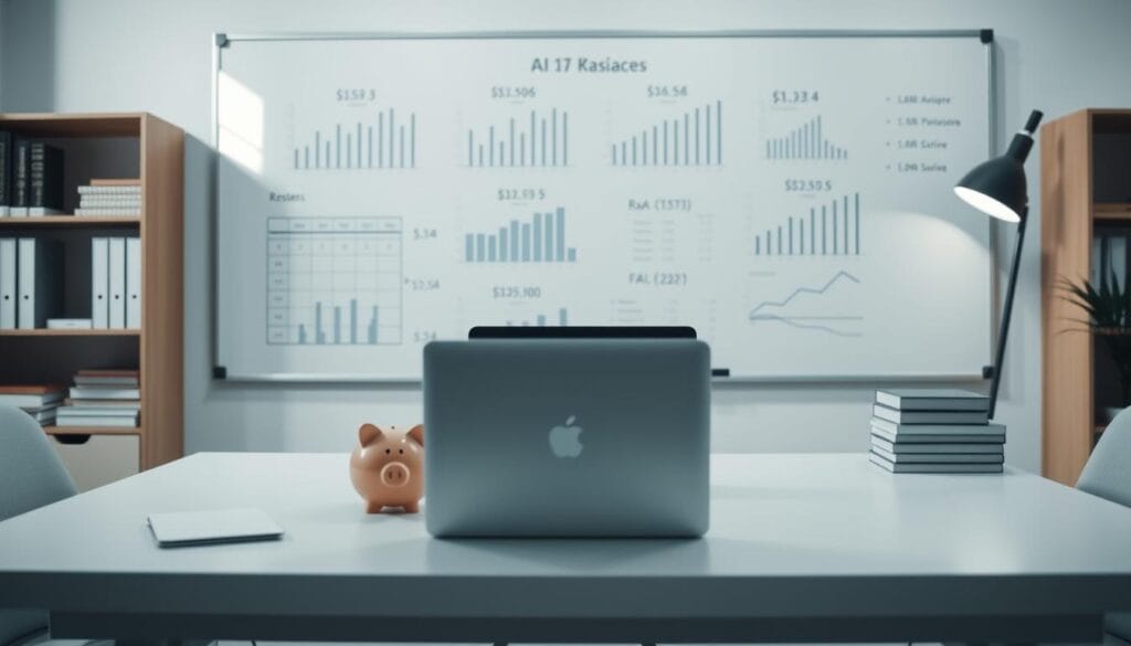 A modern, minimalist office scene with a desk featuring an open laptop, a stack of books, and a strategically placed piggy bank. In the background, a large whiteboard displays charts, graphs, and financial calculations, hinting at AI-driven college savings strategies. Soft, diffused lighting creates a contemplative atmosphere, while the clean, uncluttered design conveys a sense of efficiency and forward-thinking. The composition is balanced, with the laptop and piggy bank drawing the eye to the center of the frame, while the whiteboard provides a subtle backdrop for the AI-focused theme. A modern, minimalist office scene with a desk featuring an open laptop, a stack of books, and a strategically placed piggy bank. In the background, a large whiteboard displays charts, graphs, and financial calculations, hinting at AI-driven college savings strategies. Soft, diffused lighting creates a contemplative atmosphere, while the clean, uncluttered design conveys a sense of efficiency and forward-thinking. The composition is balanced, with the laptop and piggy bank drawing the eye to the center of the frame, while the whiteboard provides a subtle backdrop for the AI-focused theme.