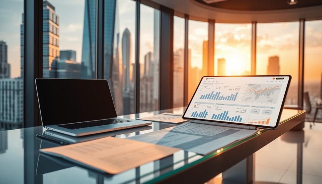 A modern office interior with a sleek glass-and-steel desk, upon which a laptop and financial documents are neatly arranged. In the background, a towering cityscape with gleaming high-rises is visible through large windows, bathed in warm, golden-hour lighting. On the desk, a tablet displays a complex financial dashboard, with charts, graphs, and AI-generated insights. The scene conveys a sense of technological sophistication, financial acumen, and the seamless integration of human expertise and machine learning in the realm of private debt investing. A modern office interior with a sleek glass-and-steel desk, upon which a laptop and financial documents are neatly arranged. In the background, a towering cityscape with gleaming high-rises is visible through large windows, bathed in warm, golden-hour lighting. On the desk, a tablet displays a complex financial dashboard, with charts, graphs, and AI-generated insights. The scene conveys a sense of technological sophistication, financial acumen, and the seamless integration of human expertise and machine learning in the realm of private debt investing.