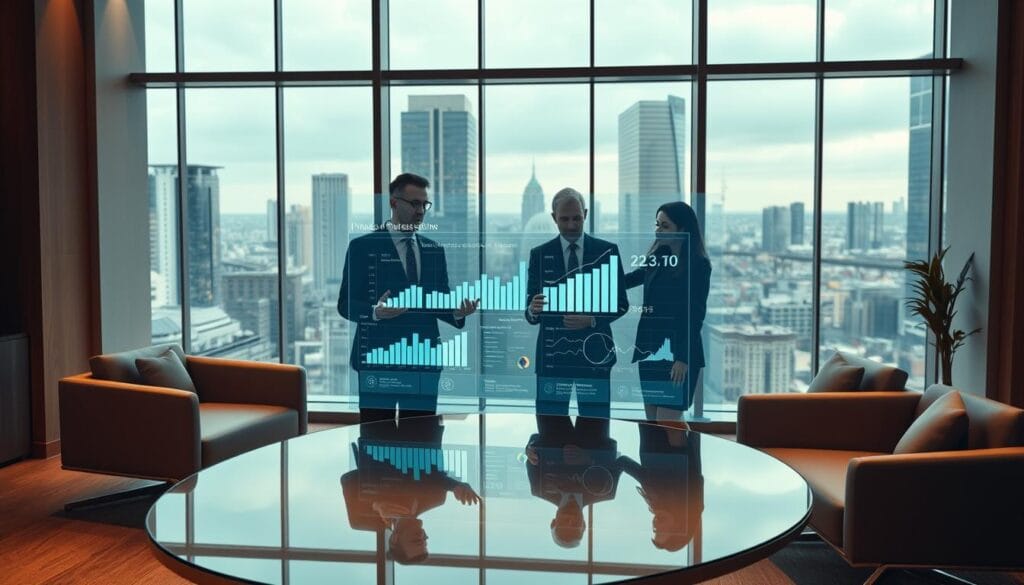 A modern office interior with sleek, minimalist furnishings and large windows overlooking a bustling financial district. In the foreground, a holographic display shows a detailed financial plan with interactive charts and graphs. A team of professionals, dressed in smart business attire, collaborate around a curved, glass-topped table, analyzing the data and making adjustments with fluid hand gestures. The atmosphere is one of focused productivity, with warm, diffused lighting and a sense of technological sophistication. The overall scene conveys the seamless integration of artificial intelligence into the process of financial milestone planning.