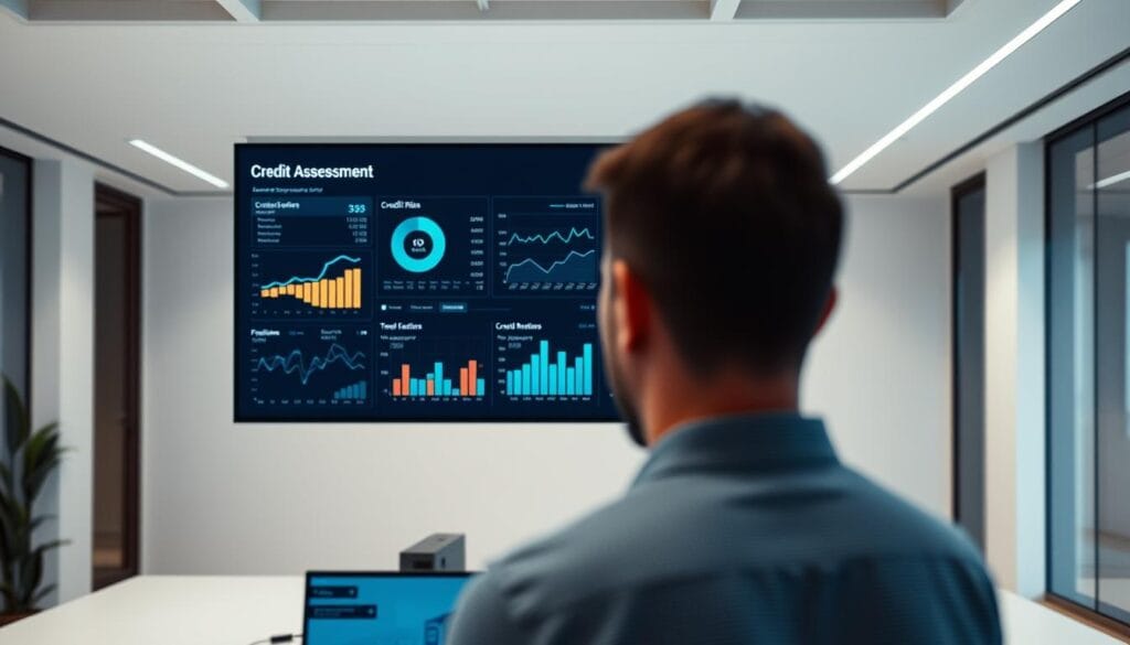 A modern office setting with a digital display showcasing a detailed credit assessment dashboard. In the foreground, a financial analyst examines the data, their face illuminated by the screen's glow. In the middle ground, sleek data visualizations and graphs provide insights into credit risk factors. The background features a minimalist, well-lit workspace with clean lines and a subtle color palette, conveying a sense of professionalism and data-driven decision-making. The overall mood is one of analytical focus, technological sophistication, and a data-centric approach to credit assessment and risk management.