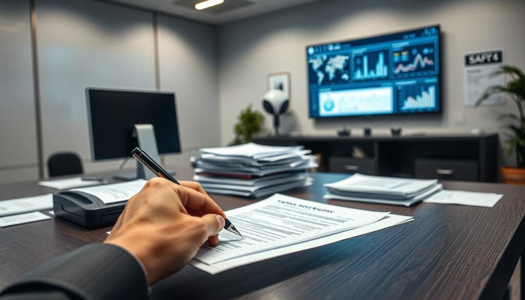 A modern office workspace with a desk, computer, and various documents. In the foreground, a hand is using a pen to sign a document with a focused expression. In the middle ground, a document scanner and a stack of paperwork are visible, indicating an automated document verification process. The background features a wall-mounted display showing analytics and data visualizations related to the underwriting process. Soft, directional lighting creates depth and highlights the important elements. The overall atmosphere is one of efficiency, technology, and precision in the mortgage application workflow.
