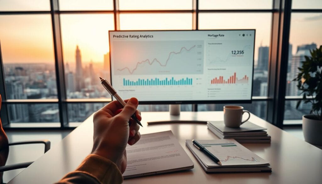 A modern office workspace with a large computer monitor displaying a line graph and charts of predictive mortgage rate analytics. In the foreground, a hand holds a pen, poised to take notes. The middle ground features a sleek, minimalist desk with a laptop, coffee mug, and a stack of financial documents. The background showcases floor-to-ceiling windows overlooking a cityscape, bathed in warm, golden lighting from the setting sun. The overall scene conveys a sense of data-driven decision-making, financial analysis, and the importance of leveraging predictive analytics to inform mortgage-related choices.