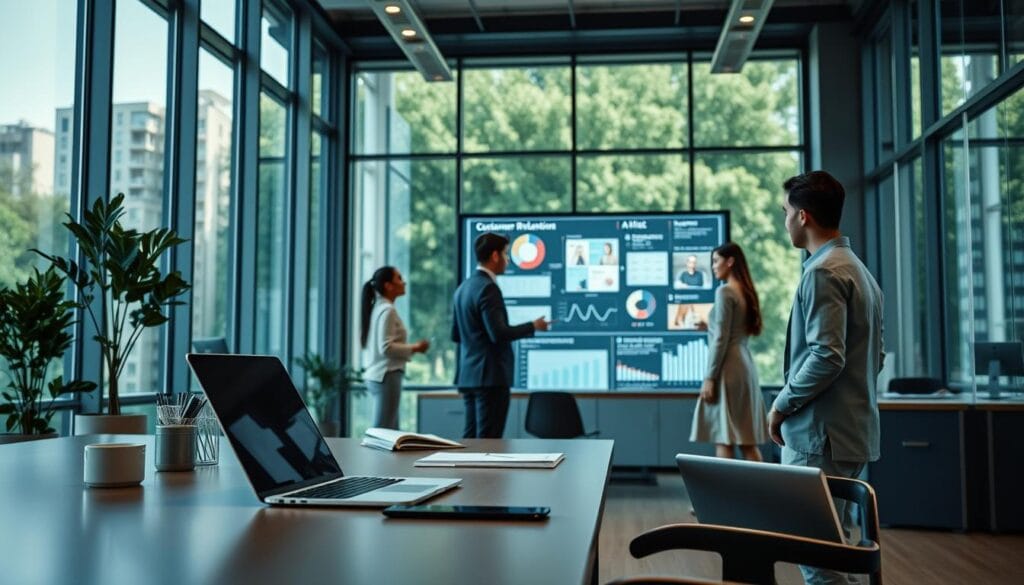 A modern, sleek office interior with a focus on AI-powered customer relationship management. In the foreground, a stylish desk with a laptop, tablet, and minimalist office supplies. The middle ground features a team of diverse professionals collaborating around a large interactive display, analyzing customer data and insights. The background showcases floor-to-ceiling windows, allowing natural light to fill the space and creating a sense of openness and transparency. The overall mood is one of efficiency, innovation, and a customer-centric approach, conveyed through the clean design, advanced technology, and collaborative atmosphere.