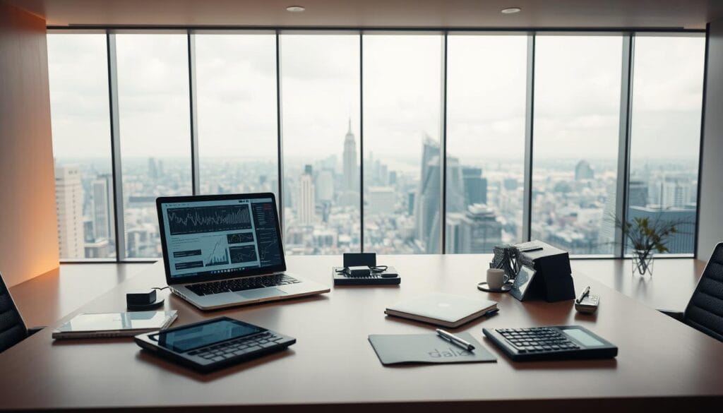A modern, sleek office setting with a prominent desk featuring various digital tools and interfaces. On the desk, there is a laptop displaying intricate financial data and graphs, surrounded by a tablet, a calculator, and other technology-enabled loan structuring tools. The lighting is warm and diffused, creating a professional and streamlined atmosphere. In the background, a large window offers a panoramic view of a bustling cityscape, symbolizing the interconnectedness of the financial world. The overall scene conveys the seamless integration of AI-powered technology in the loan structuring and portfolio reporting process.