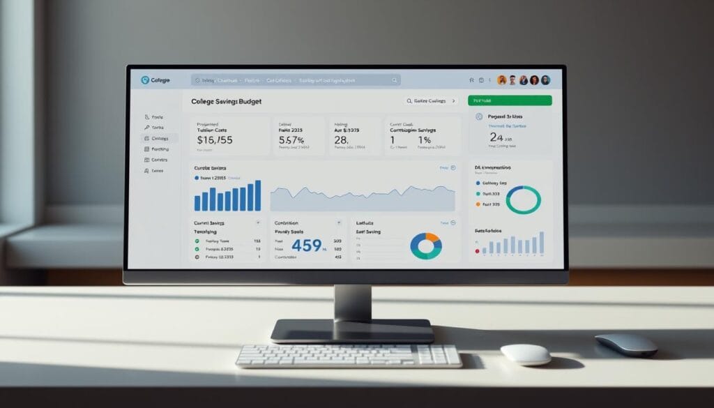 A modern, streamlined college savings budget dashboard displayed on a sleek, minimalist desktop computer screen. In the foreground, key financial metrics like projected tuition costs, current savings, and contribution goals are clearly visualized using clean, intuitive infographics. The middle ground features integrated AI-powered analysis tools, offering personalized recommendations to optimize the savings plan. In the background, a subtle, muted color palette and soft ambient lighting create a focused, productive atmosphere, conveying a sense of financial control and preparedness for the future. A modern, streamlined college savings budget dashboard displayed on a sleek, minimalist desktop computer screen. In the foreground, key financial metrics like projected tuition costs, current savings, and contribution goals are clearly visualized using clean, intuitive infographics. The middle ground features integrated AI-powered analysis tools, offering personalized recommendations to optimize the savings plan. In the background, a subtle, muted color palette and soft ambient lighting create a focused, productive atmosphere, conveying a sense of financial control and preparedness for the future.