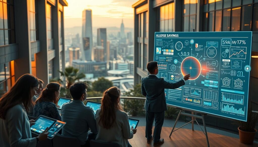 A modern university campus with a futuristic architecture, bathed in warm, ambient lighting. In the foreground, a group of students intently studying financial charts and graphs on their tablets, surrounded by holographic displays showcasing investment models and AI-driven analysis. In the middle ground, a professor stands, gesturing to a large, interactive whiteboard filled with complex algorithmic formulas and visualizations, explaining the principles of AI-powered college savings strategies. In the background, a panoramic view of the city skyline, hinting at the boundless possibilities of technology-driven financial planning for higher education. A modern university campus with a futuristic architecture, bathed in warm, ambient lighting. In the foreground, a group of students intently studying financial charts and graphs on their tablets, surrounded by holographic displays showcasing investment models and AI-driven analysis. In the middle ground, a professor stands, gesturing to a large, interactive whiteboard filled with complex algorithmic formulas and visualizations, explaining the principles of AI-powered college savings strategies. In the background, a panoramic view of the city skyline, hinting at the boundless possibilities of technology-driven financial planning for higher education.