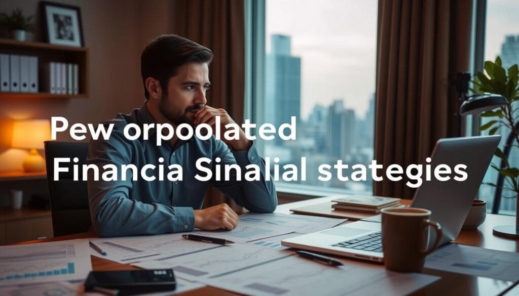 A person sitting at a desk, surrounded by financial charts, graphs, and documents, deep in thought. The lighting is soft and warm, creating a contemplative atmosphere. The desk is neatly organized, with a laptop, pen, and a mug of coffee. In the background, a window overlooks a cityscape, hinting at the broader financial landscape. The person's expression is focused, reflecting the importance of personalized financial strategies. The overall scene conveys a sense of expertise, attention to detail, and a commitment to tailored financial solutions.