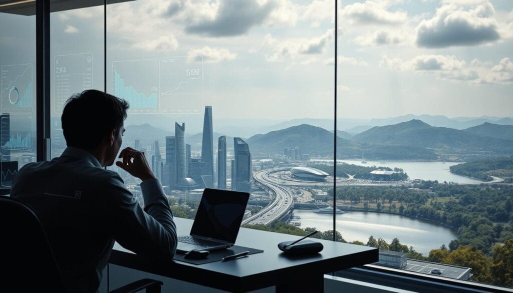 A serene and contemplative scene of financial planning benefits. In the foreground, a person sits at a desk, deep in thought, surrounded by holographic displays showcasing graphs, charts, and calculations. The middle ground features a tranquil, futuristic cityscape, with sleek skyscrapers and autonomous vehicles gliding through the streets. The background is a stunning, panoramic view of a lush, verdant landscape, with rolling hills and a glistening lake. Soft, diffused lighting creates a warm, inviting atmosphere, while the overall composition conveys a sense of balance, stability, and long-term financial security.
