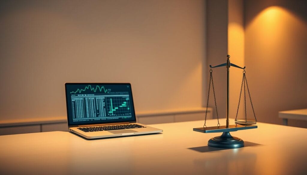 A serene office setting with a modern, minimalist design. On the desk, a laptop displays a complex algorithm visualizing credit risk factors. Alongside, a scale symbolizes the balance between financial efficiency and ethical considerations. The walls feature abstract shapes and lines, hinting at the intricate data flows powering automated lending decisions. Warm, diffused lighting creates an atmosphere of thoughtful deliberation, as a human expert ponders the moral implications of this AI-driven process. The scene conveys the careful navigation required to leverage technology for societal benefit while upholding principles of fairness and transparency.