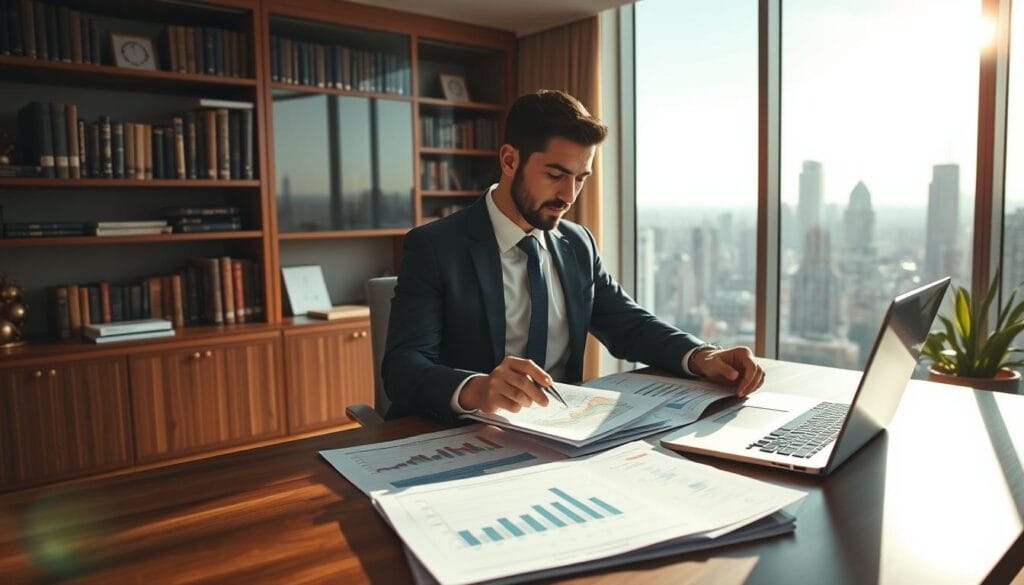 A serene, sun-dappled office setting with a large wooden desk, a sleek laptop, and a stack of financial documents. In the foreground, a well-dressed professional reviews charts and graphs, deep in contemplation. The middle ground features a bookshelf filled with industry-relevant tomes, while the background showcases a panoramic view of a bustling cityscape through floor-to-ceiling windows, conveying a sense of urban sophistication. The lighting is warm and natural, creating a productive and inviting atmosphere for the case study analysis.