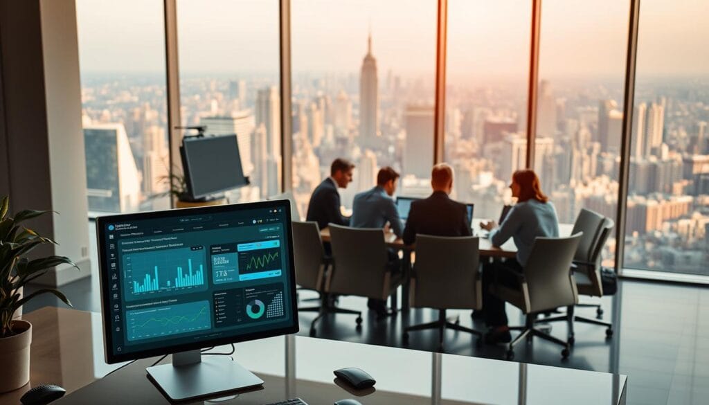 A sleek and modern office setting, bathed in warm, natural lighting. In the foreground, a computer screen displays a dashboard of AI-powered due diligence tools, their analytical insights and data visualizations prominently featured. The middle ground showcases a team of financial analysts collaborating around a large conference table, deep in discussion as they review venture capital opportunities. In the background, floor-to-ceiling windows offer a panoramic view of a bustling city skyline, symbolizing the scale and complexity of the investment landscape. The overall atmosphere conveys a sense of technological sophistication, analytical rigor, and informed decision-making.