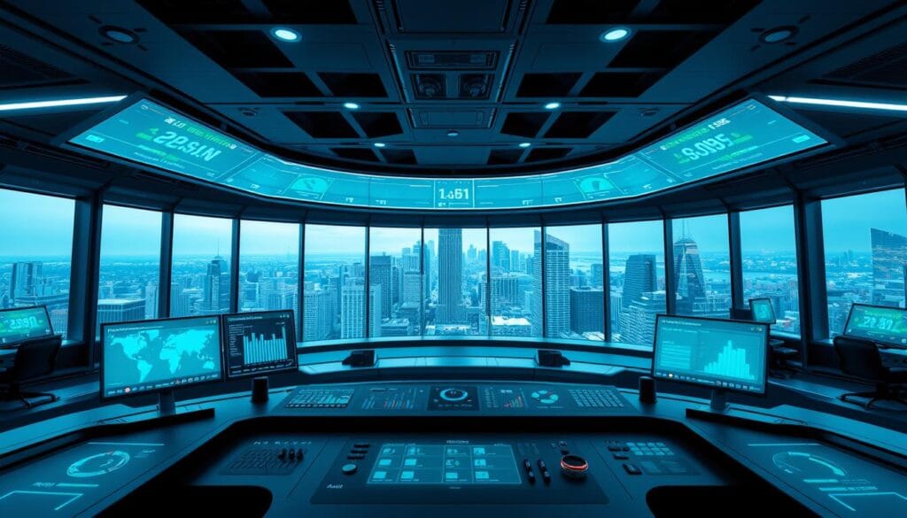 A sleek, futuristic control center with holographic debt tracking displays. The foreground features a central dashboard with intuitive controls and visualizations of financial data. In the middle ground, rows of monitors and screens provide real-time insights into debt balances, repayment schedules, and optimization algorithms. The background showcases a panoramic view of a modern, high-rise cityscape, bathed in cool, blue-tinted lighting that reflects off the glass and steel surfaces. An atmosphere of precision, efficiency, and technological prowess permeates the scene, conveying the power of automated debt management systems.